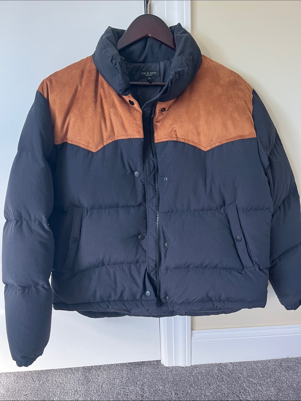 Rag and Bone Black Down Puffer Coat with Brown Suede Yolk